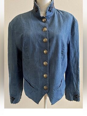 Double D Ranchwear Beaded Denim Jacket Medium Western Military Embroidered